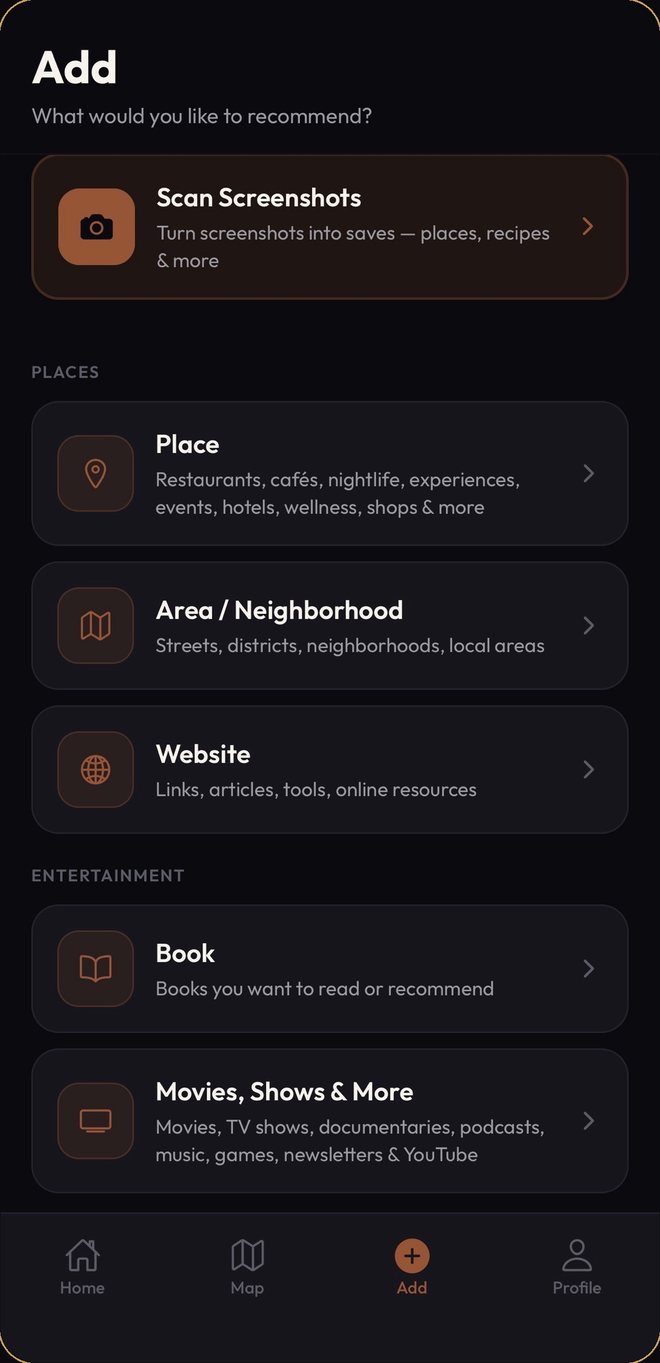 Rekomi add screen with screenshot scanning
