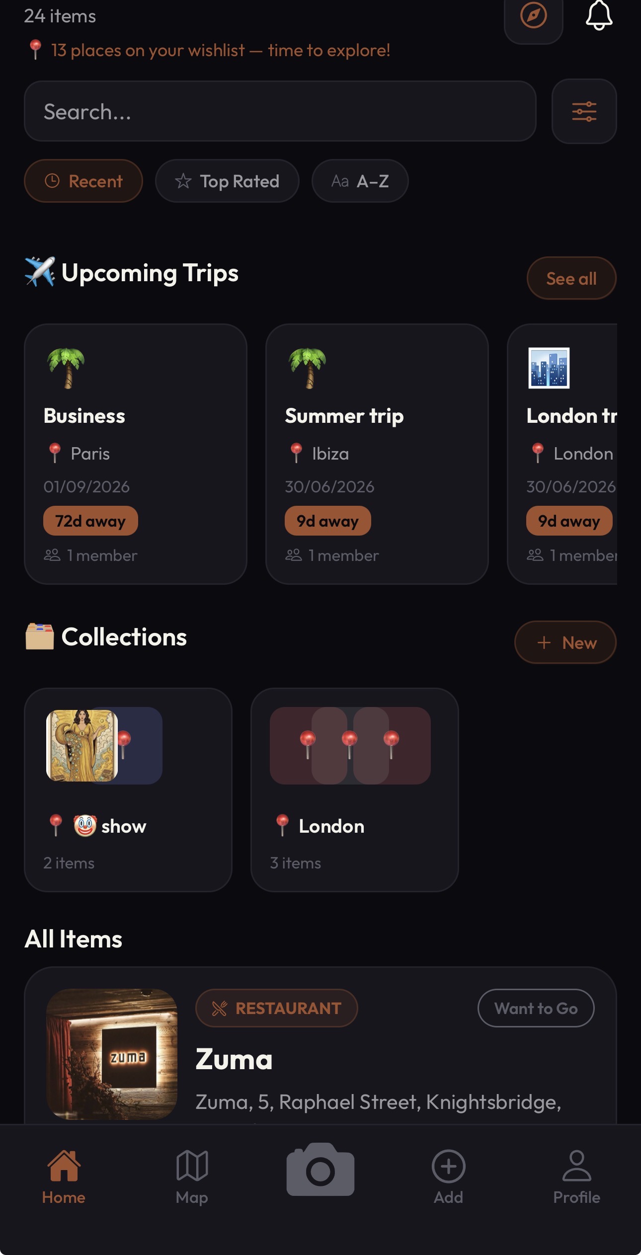 Rekomi home screen with saved items and stats