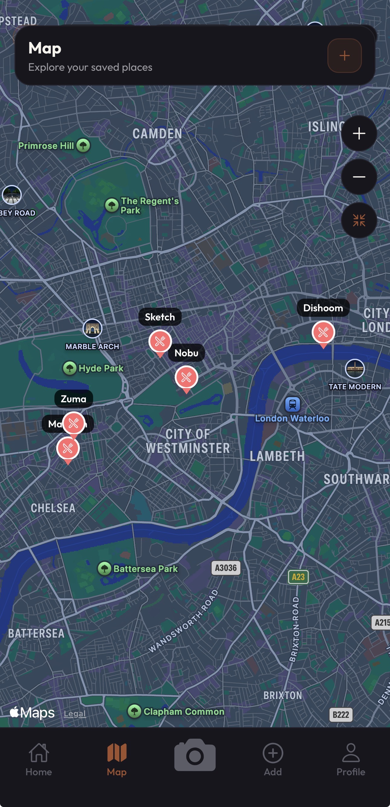 Map view with saved place pins across London