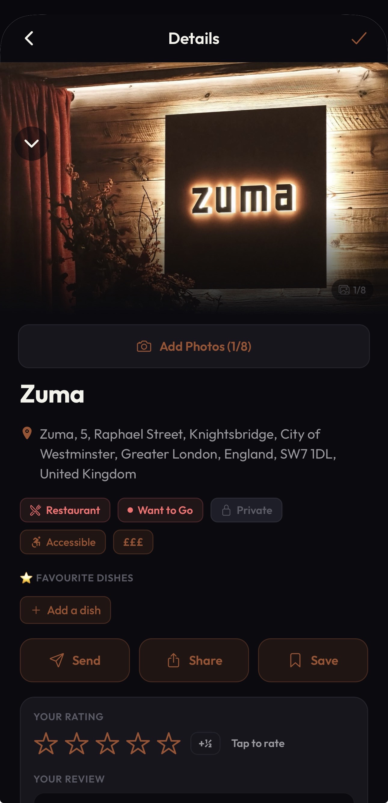 Item detail with Send, Share and Save options