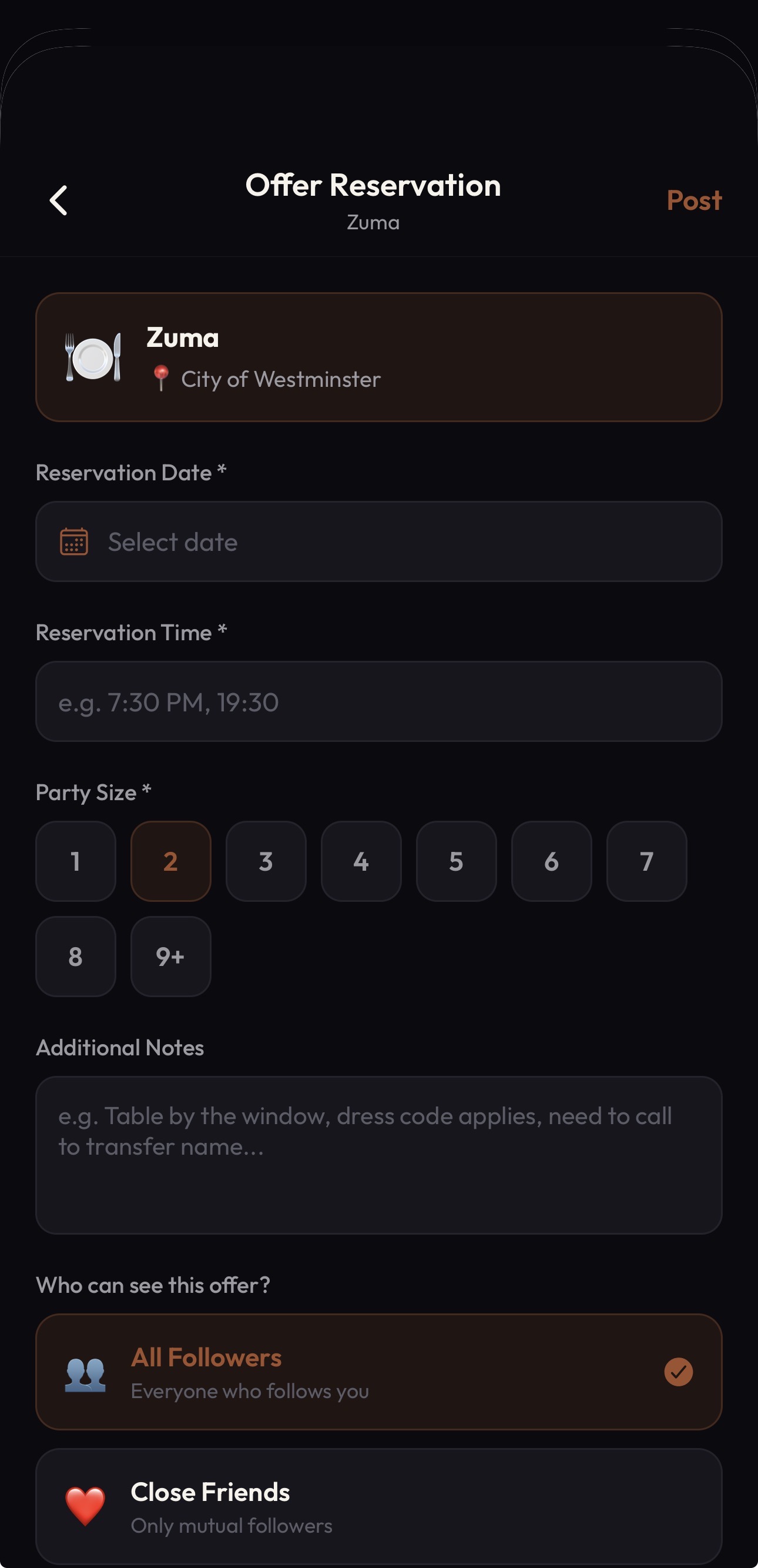 Offer Reservation screen for Zuma