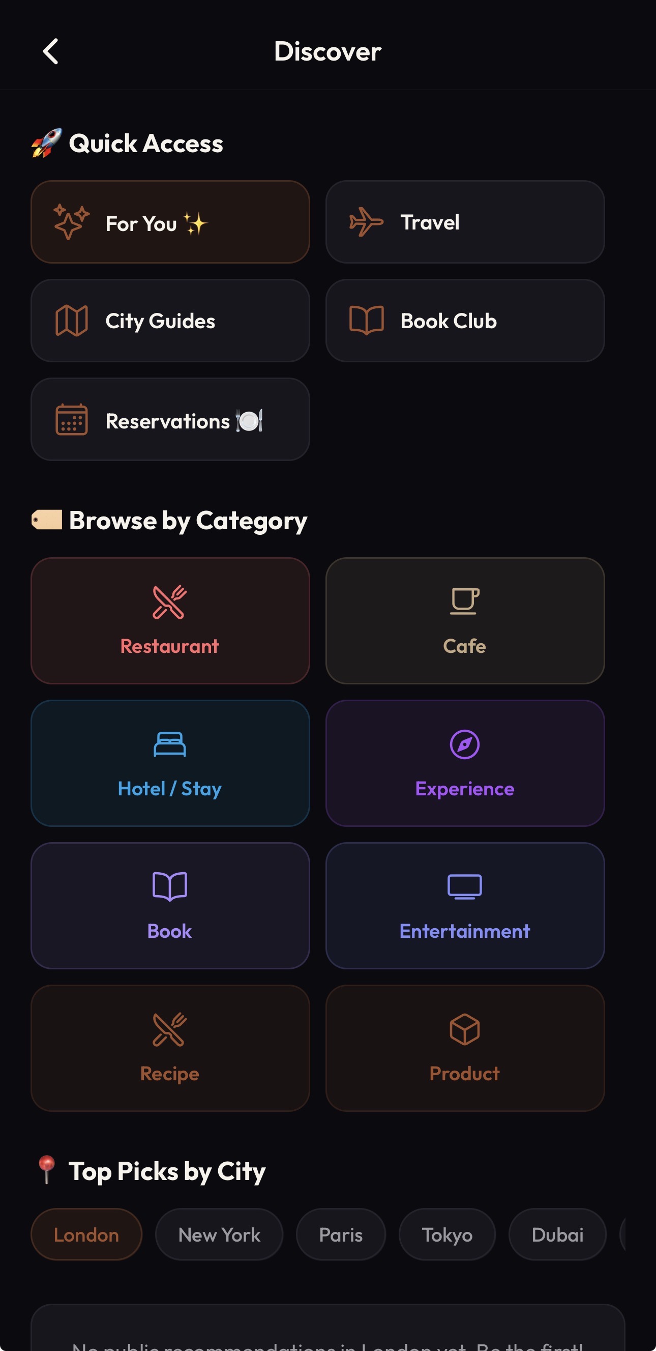 Discover screen with quick access and categories