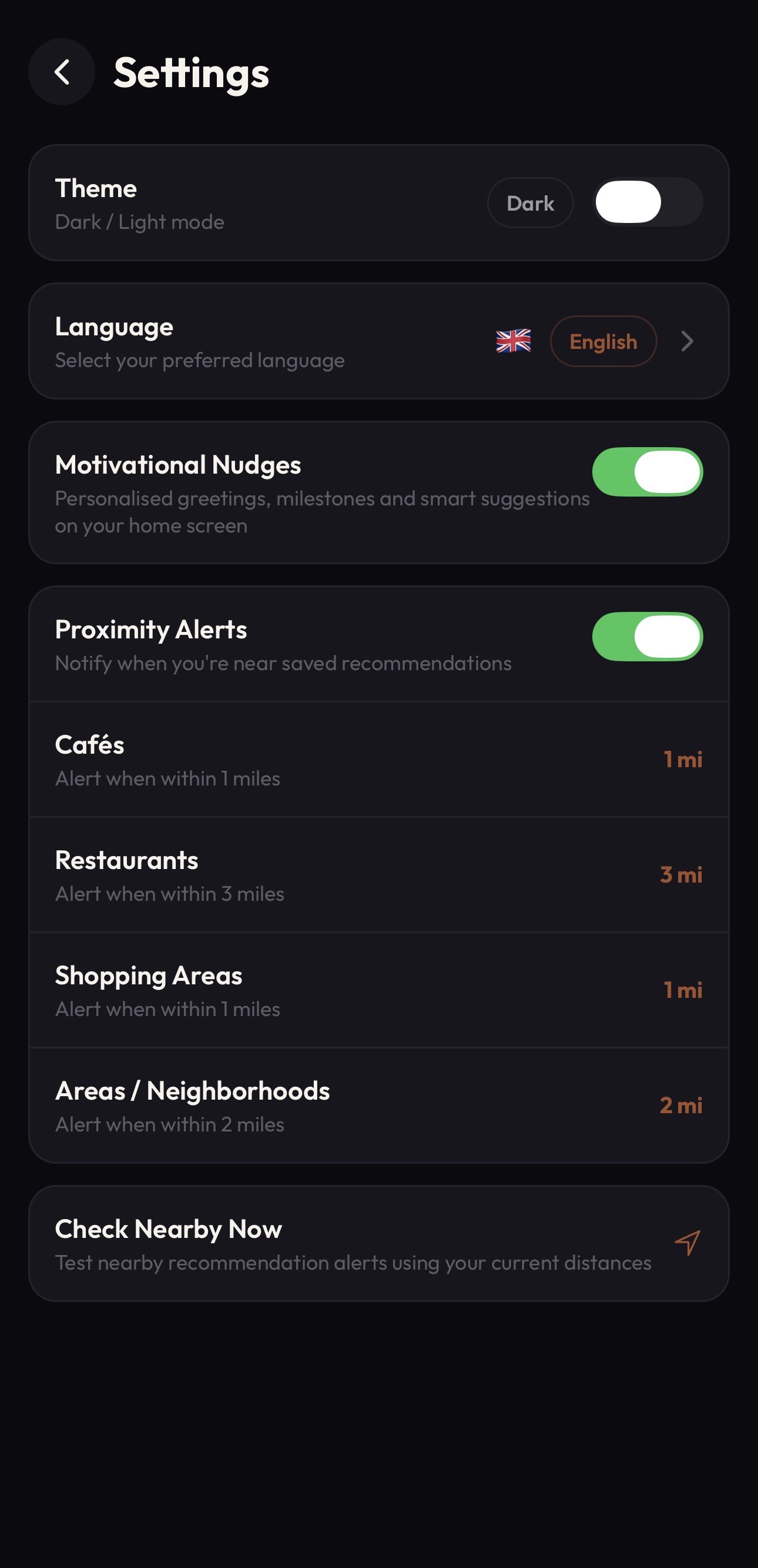 Proximity alert distance settings by category