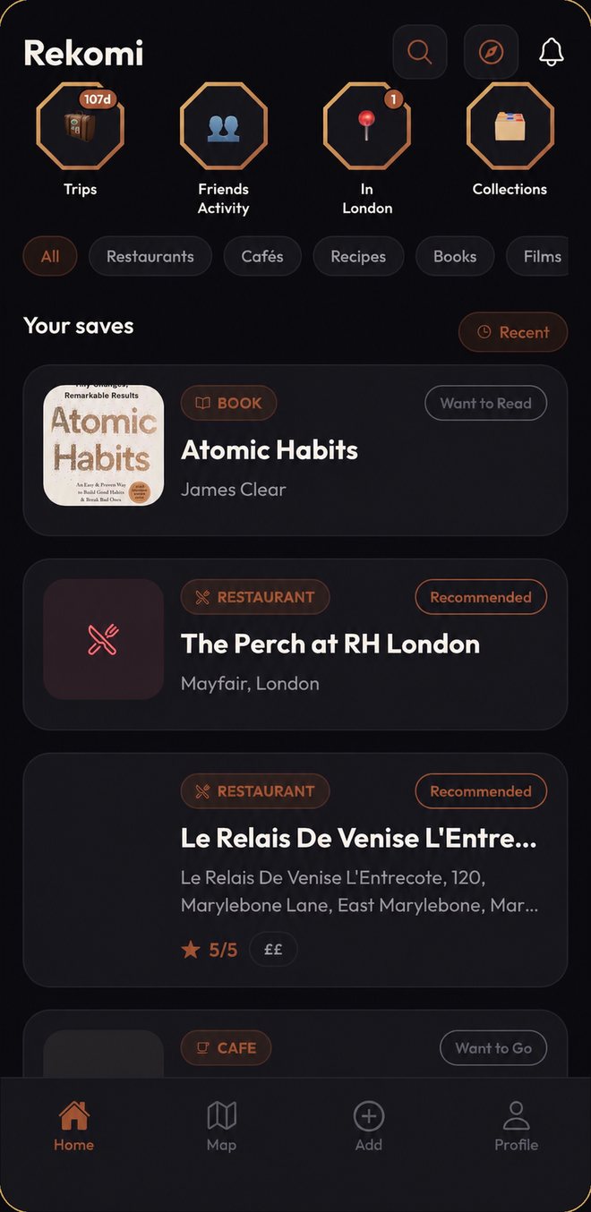 Rekomi home screen with saved recommendations