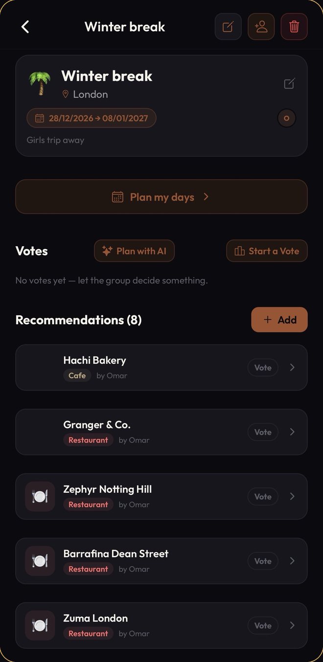 Rekomi shared trip with votes and recommendations